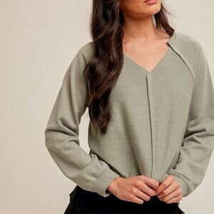 HEM & THREAD Sage Green Raw-Edge V-Neck Long Sleeve Top | Casual Relaxed Fit